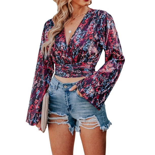Txlixc Blusa de manga larga para mujeres, flor / patrón geométrico / vendaje impreso leopardo Txlixc moda