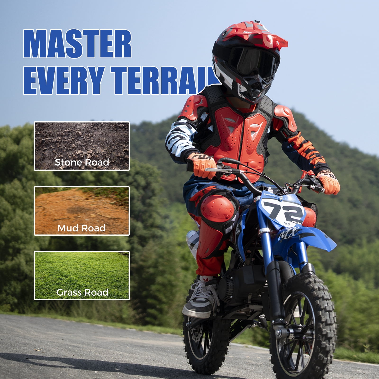 2-Stroke Off-Road Motorcycle, Kids Dirt Bike 49cc Gas Powered - 24 MPH Max Speed with Shock Absorber & Dual Disc Brakes，Kill Switch, Max Load 220LBS BLUE