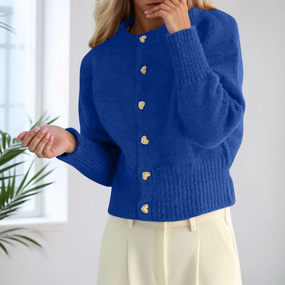 ZHOGXU Women's Cardigan Long Sleeve Open Front Buttons Solid Color Knit Comfortable Loose Fit Coat Jacket For Casual Daily Wear Blue One Size
