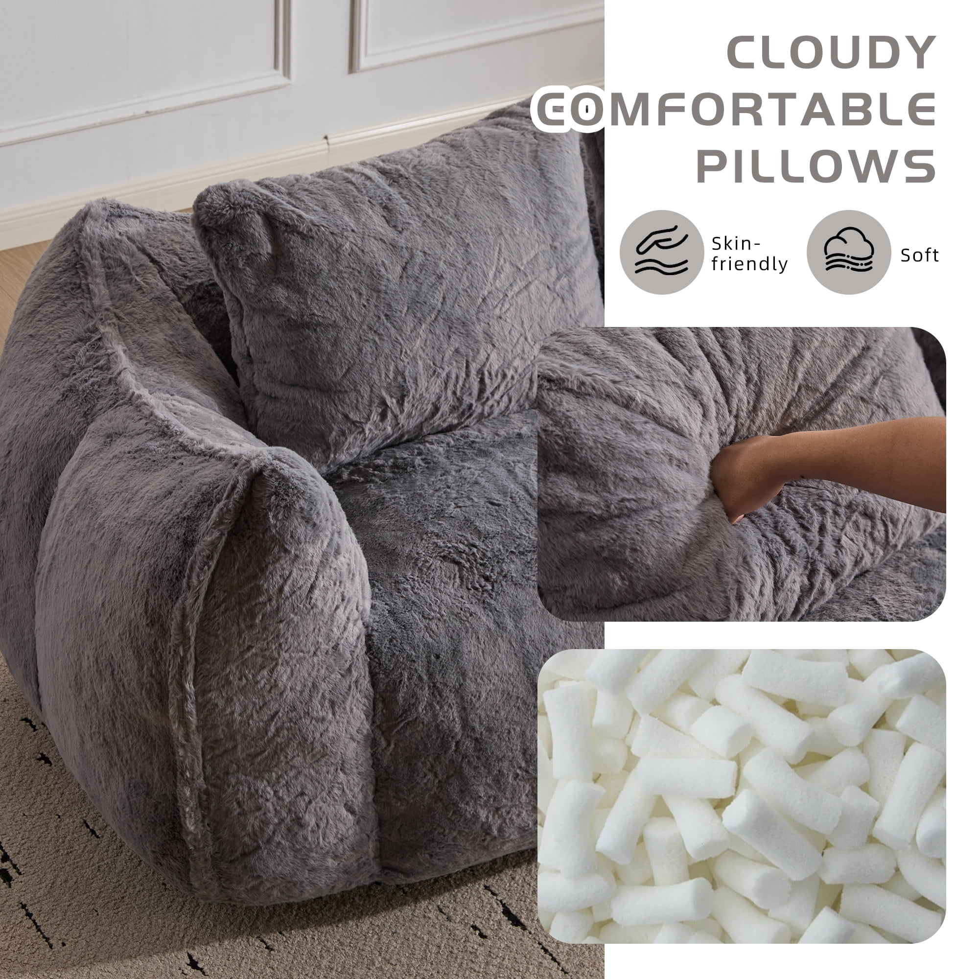 Leumius 2 Seater Boneless Sofa,Giant Bean Bag Sofa Couch with Pillows, Oversized Chaise Lounge Chair for Living Room Bedroom,No Assembly,Gray