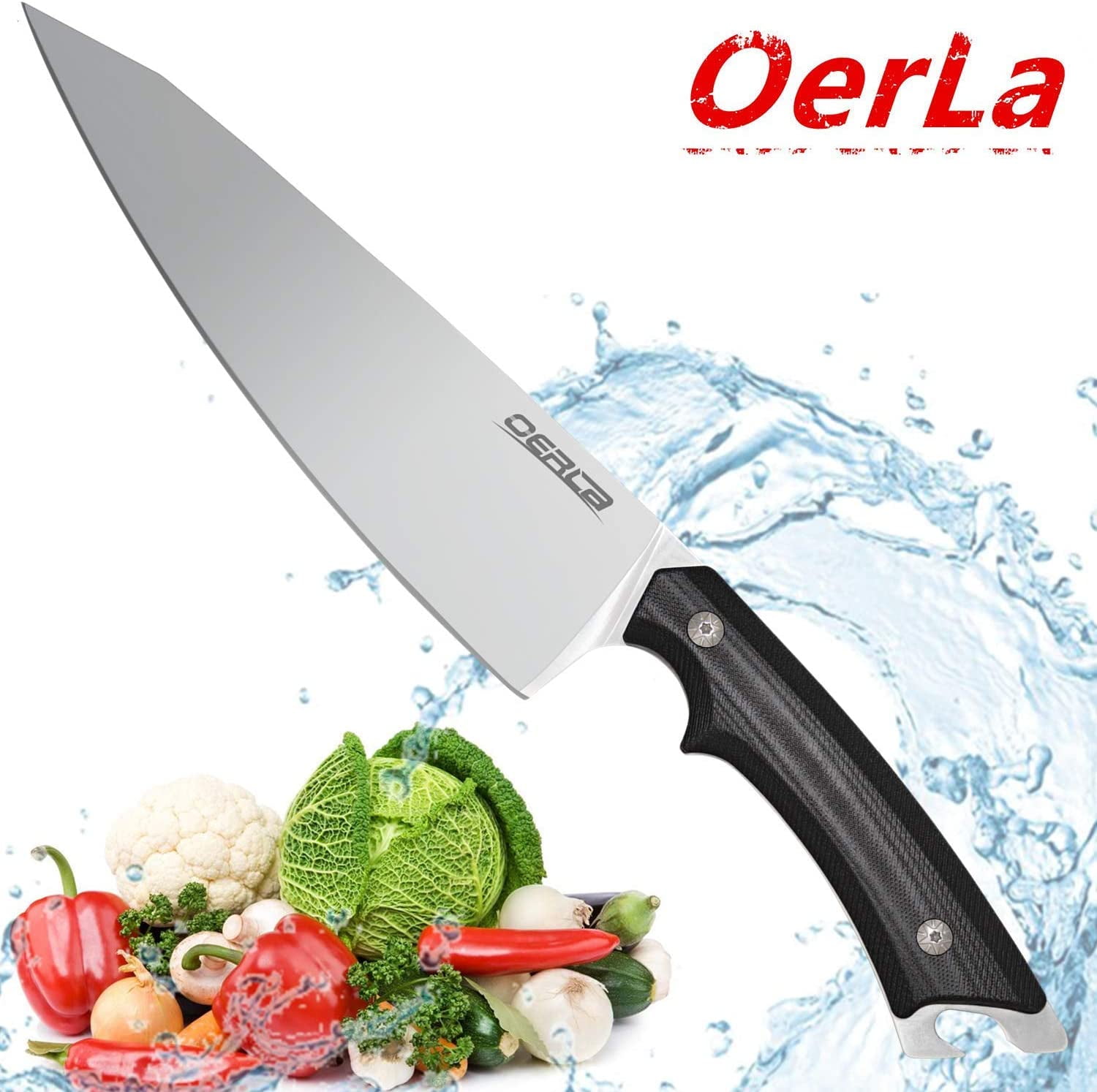 OERLA OL-0024S Forged Utility Full Tang Cutlery 8-Inch Kitchen Chef Knife with Black G10 Handle and Bottle Opener