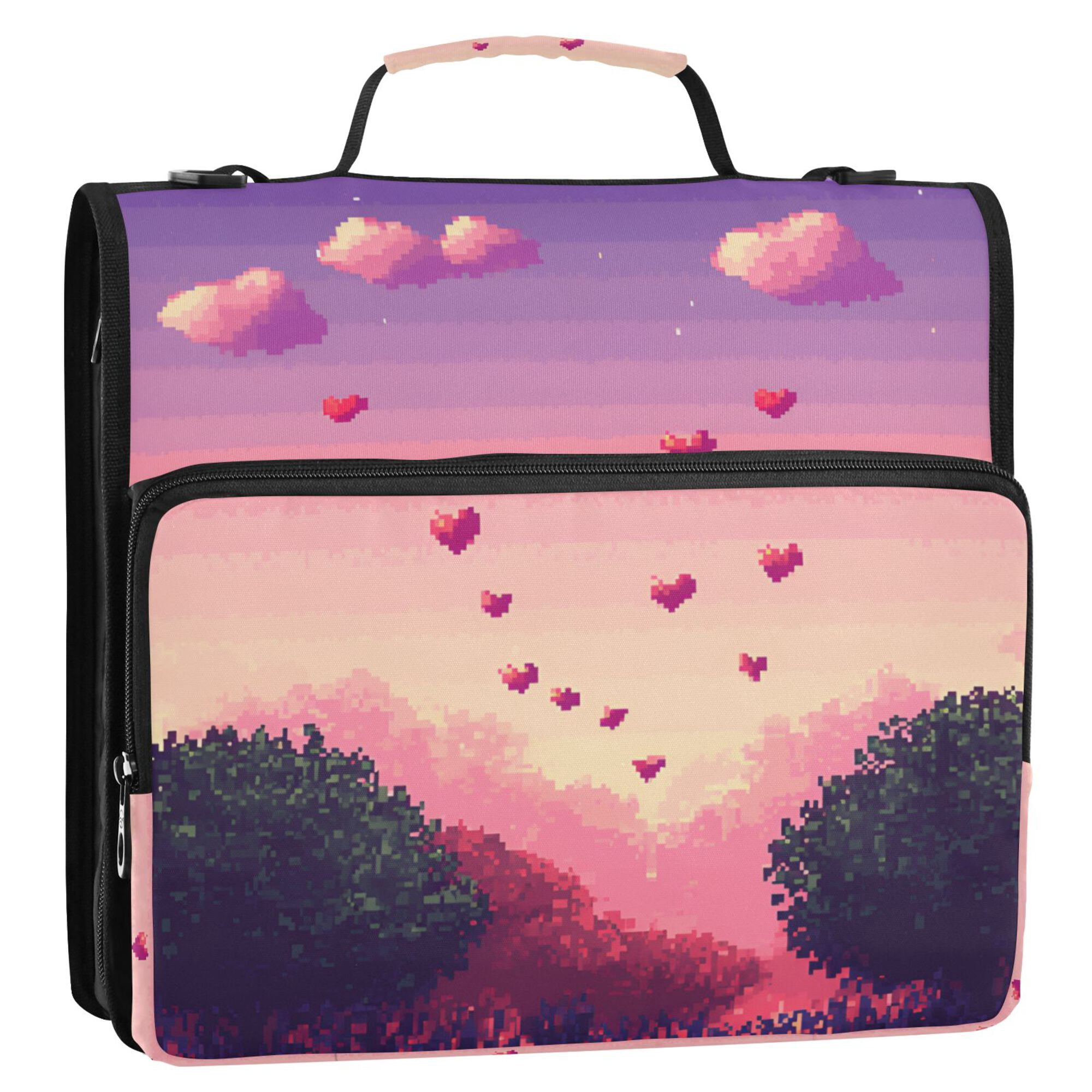 FORMRS Zipper Binder with Shoulder Strap 2-inch Ring 500 Sheet Capacity File Bag, Pixel Floating Hearts
