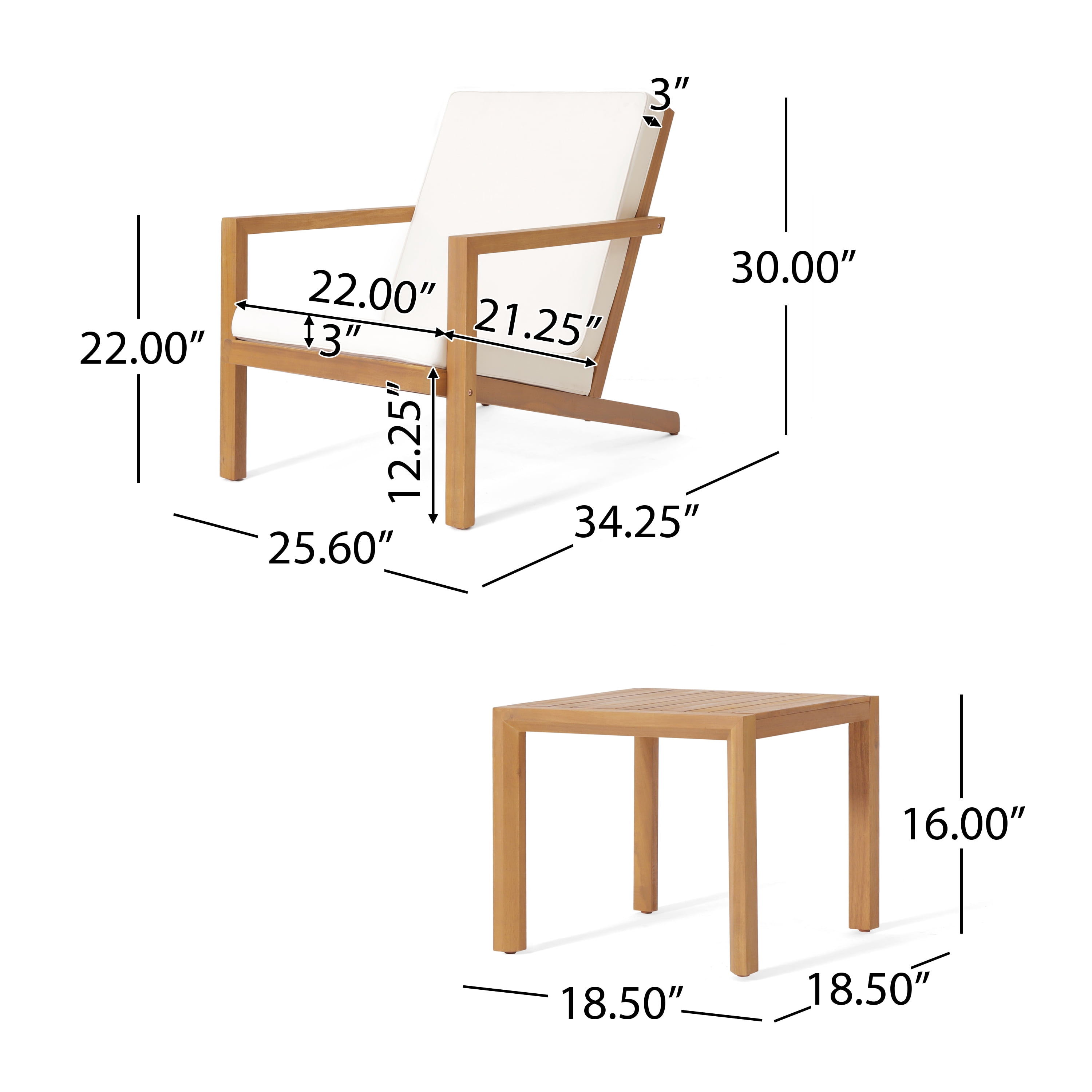 Outdoor 3 Piece Leisure Conversation Set, Acacia Wood Combined Furniture for Patio Garden, Teak and Cream
