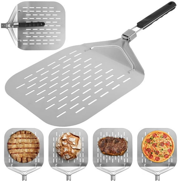Perforated Pizza Peel Stainless Steel Pizza Spatula with Folding Handle Rustproof Pizza Peel Paddle Non Stick Pizza Turning Peel Rectangular Pizza Paddle for Home Kitchen Pizza