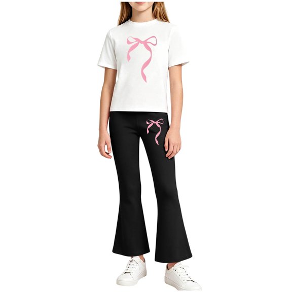 Yuanlook Kids Matching Outfit Set Short Sleeve Crew Neck Top Elastic Flare Pants Bow Print Casual Set for Girls