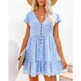 thumbnail image 2 of Women's Summer Chiffon Short Sleeve V Neck Dress Floral Button Down Ruffle Swing Boho Mini Dresses, 2 of 4