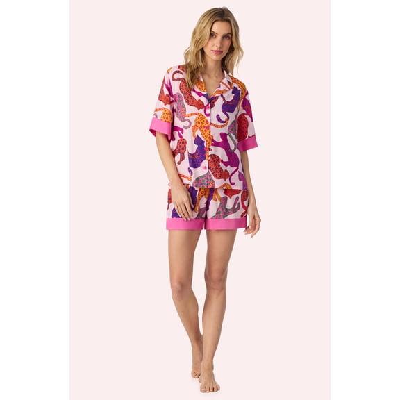 Room Service Womens Lightweight Woven Pajama Set - Short Sleeve Button Down Top & Ruffle Waist Shorts