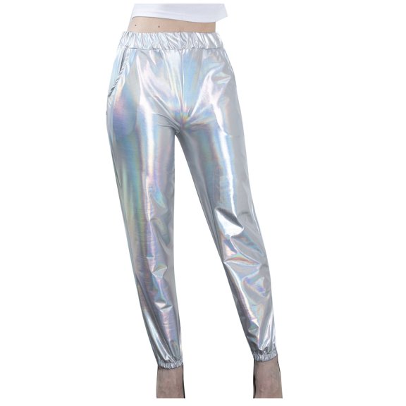 Besolor Womens Shiny Jogger Pants, Casual High Waisted Sparkle Pant Wet Look Pants Trousers Streetwear Club Wear