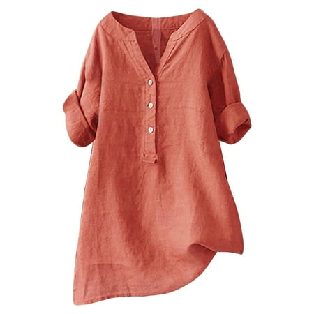 Fsqjgq Womens Summer Tops Womens Fashion Blouses Plus Size Cotton Linen Shirts for Women Buttons V Neck Long Sleeve Tops Trendy Dressy Blouses Casual Loose Comfy Tunic Tops Women Top Corset Top 3XL
