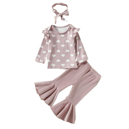 

Toddler Girls Long Sleeve Love Print Ribbed Tops Pants Headbands Outfits 3PCS Outfits Clothes Set Swaddling Blankets for Babies Girls