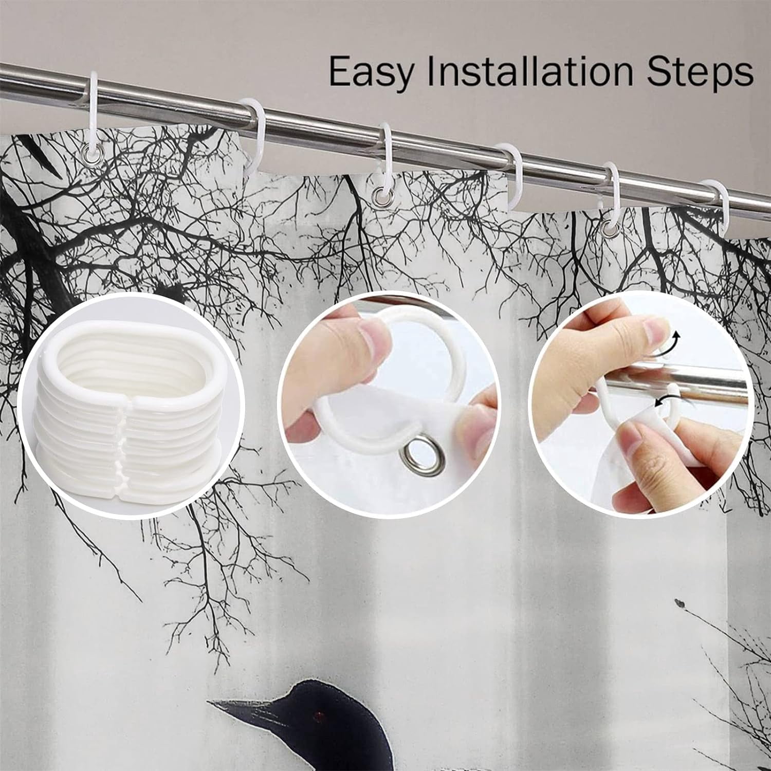Shower Curtain Water Black and White Loon Lake Cottage Bird 72"x72" Home Decor Waterproof Bath Bathroom Curtain Set with Hooks