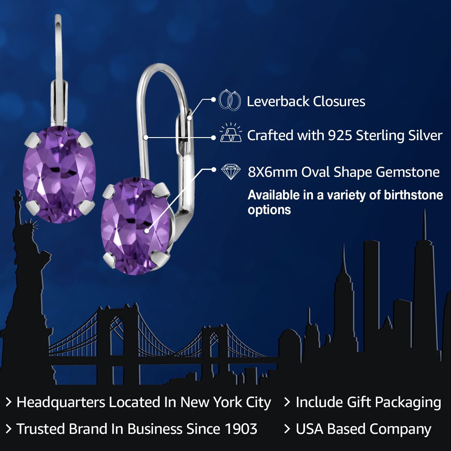 Gem Stone King 925 Sterling Silver Purple Amethyst Earrings for Women (2.20 Cttw, Gemstone Birthstone, Oval 8X6MM)