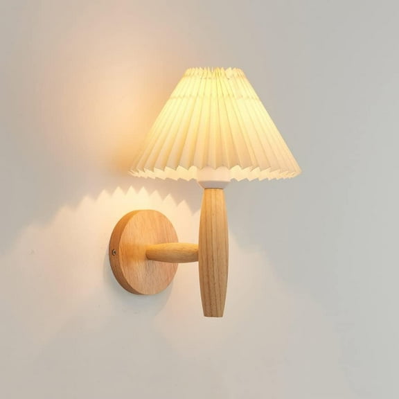 Wood Wall Mount Light Nordic Sconce with White Pleated PVC Lamp Shade, Home Decor Lighting Fixture Indoor E27 Wall Lamps, Living Room Bedroom Bedside Wooden Sconces