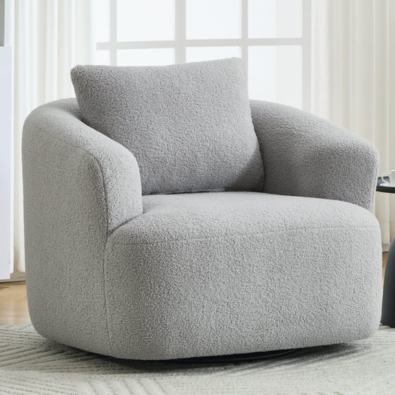 360 Degree Swivel Accent Chair, Modern Round Swivel Barrel Chair with Thick Padded Seat, Comfy Teddy Fleece Armchair Single Club Sofa Chair for Living Room, Light Grey