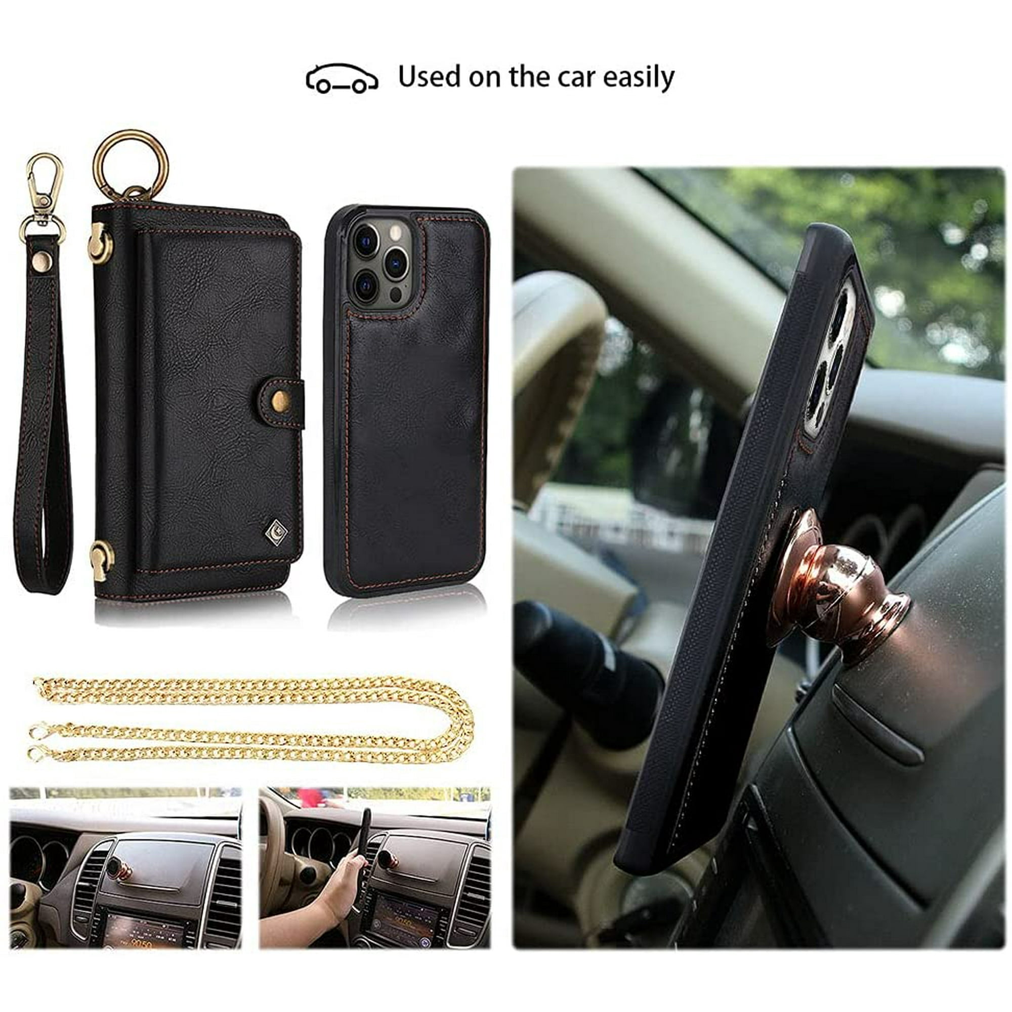 Crossbody Wallet Case for iPhone 12 Pro iPhone 12 Leather Wallet Case Detachable Magnetic 14 Card Zipper Purse Crossbody Chain Wrist Strap Design for