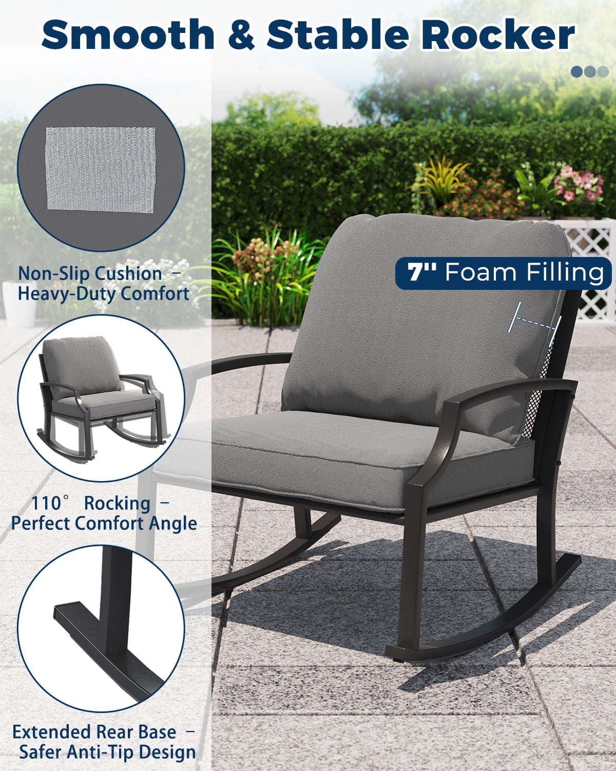 AECOJOY Outdoor Patio Furniture Set with Rocking Chair,Metal Mesh Patio Conversation Bistro Set with Coffee Table for Porch Deck Backyard Garden