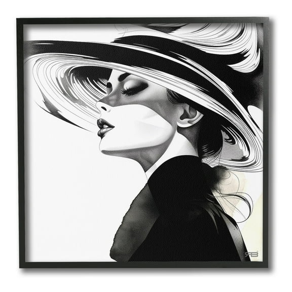 Stupell Industries Woman & Abstract Hat Abstract Painting Black Framed Art Print Wall Art, 12 x 12