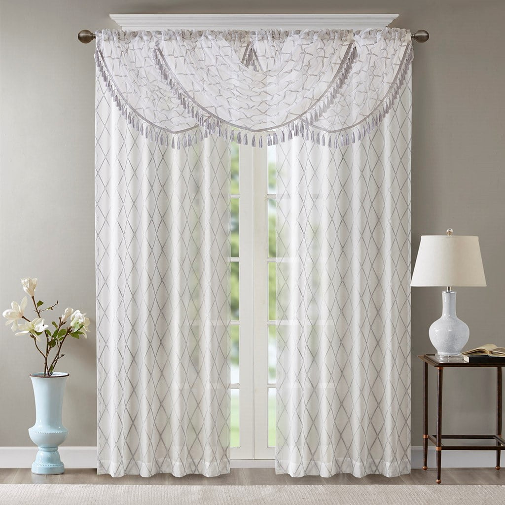 MAYEERTY 38x46" Diamond Sheer Embroidered Waterfall Valance, White/Grey