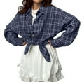 thumbnail image 2 of Womens Button Down Flannel Shirts Long Sleeve Plaid Shackets Business Casual Blouse Top Blue & White Grid L, 2 of 8