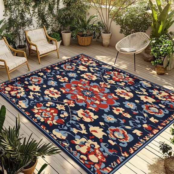Red Blue Geometric Outdoor Rug 4x6 Ft - Reversible Patio Rug Outdoor Camping Rugs, Ethnic Vintage Southwest Floral Washable Indoor Outdoor Area Rugs, Non-Slip Outdoor Carpet Runner for Deck/Porch