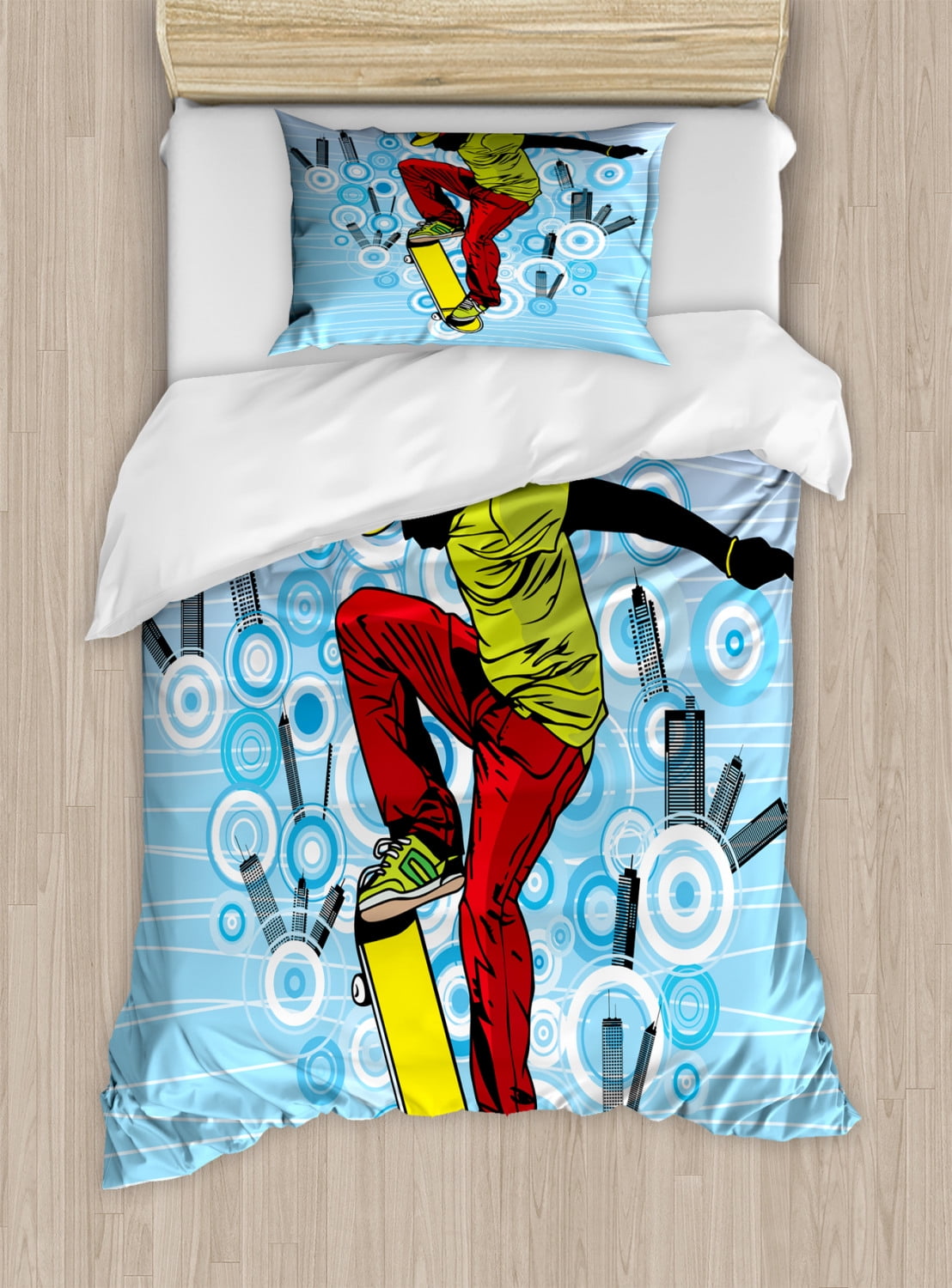 Youth Twin Size Duvet Cover Set Teenager Playing Skateboard On