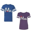 thumbnail image 1 of Old Mr Mrs Unisex Couple Matching Cotton Jersey style T-Shirt Contrasting stripes on sleeves (Men Royal / Women Purple) (Men XXL / Women S), 1 of 3