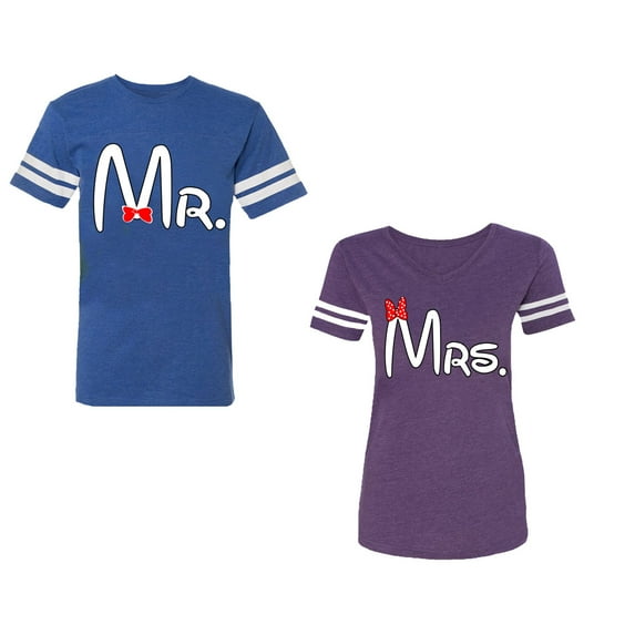 Old Mr Mrs Unisex Couple Matching Cotton Jersey style T-Shirt Contrasting stripes on sleeves (Men Royal / Women Purple) (Men XXL / Women S)