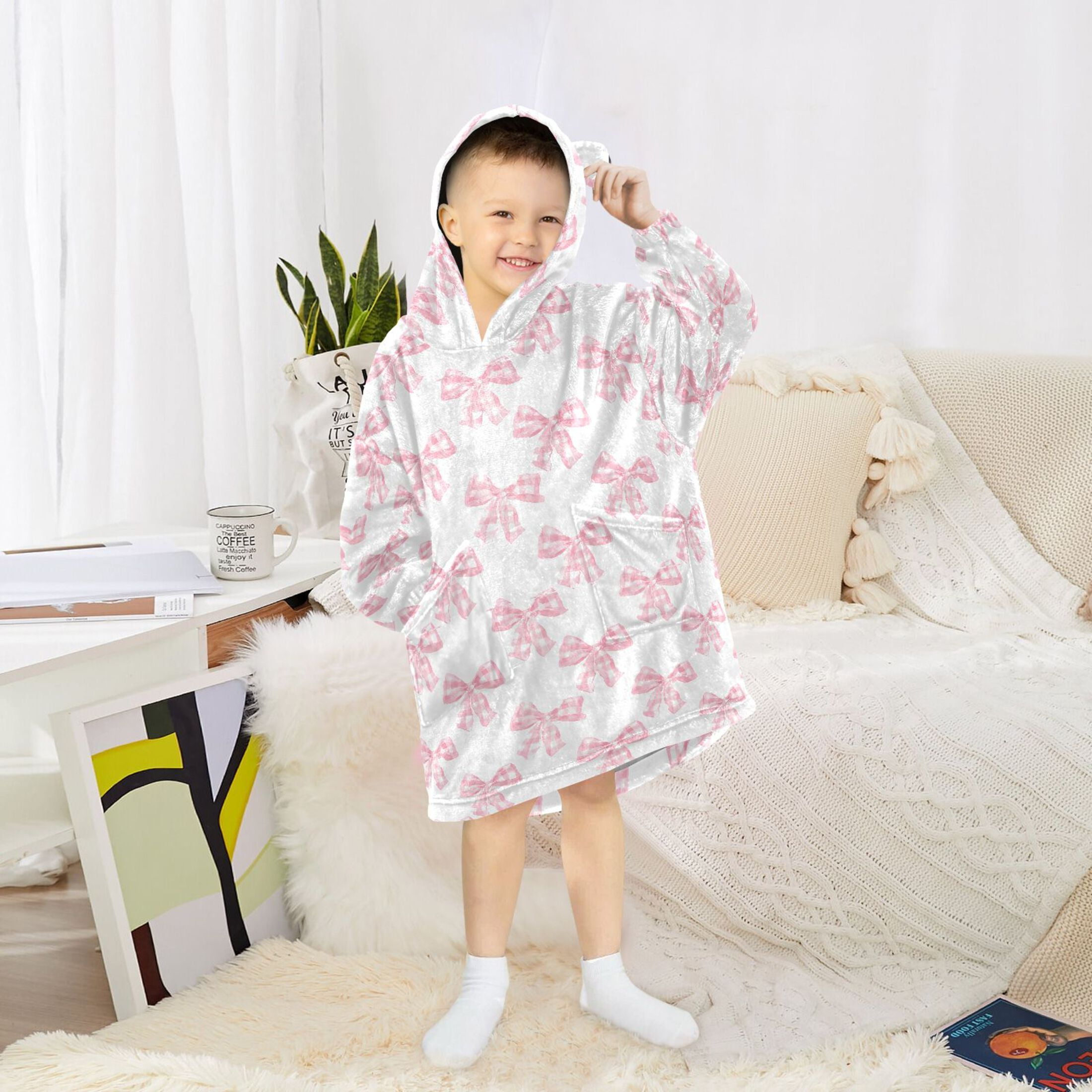 Wearable Blanket Hoodie for Kids Bows Checkered Flannel Hooded Blanket with Pockets and Sleeves Suitable for Boys and Girls