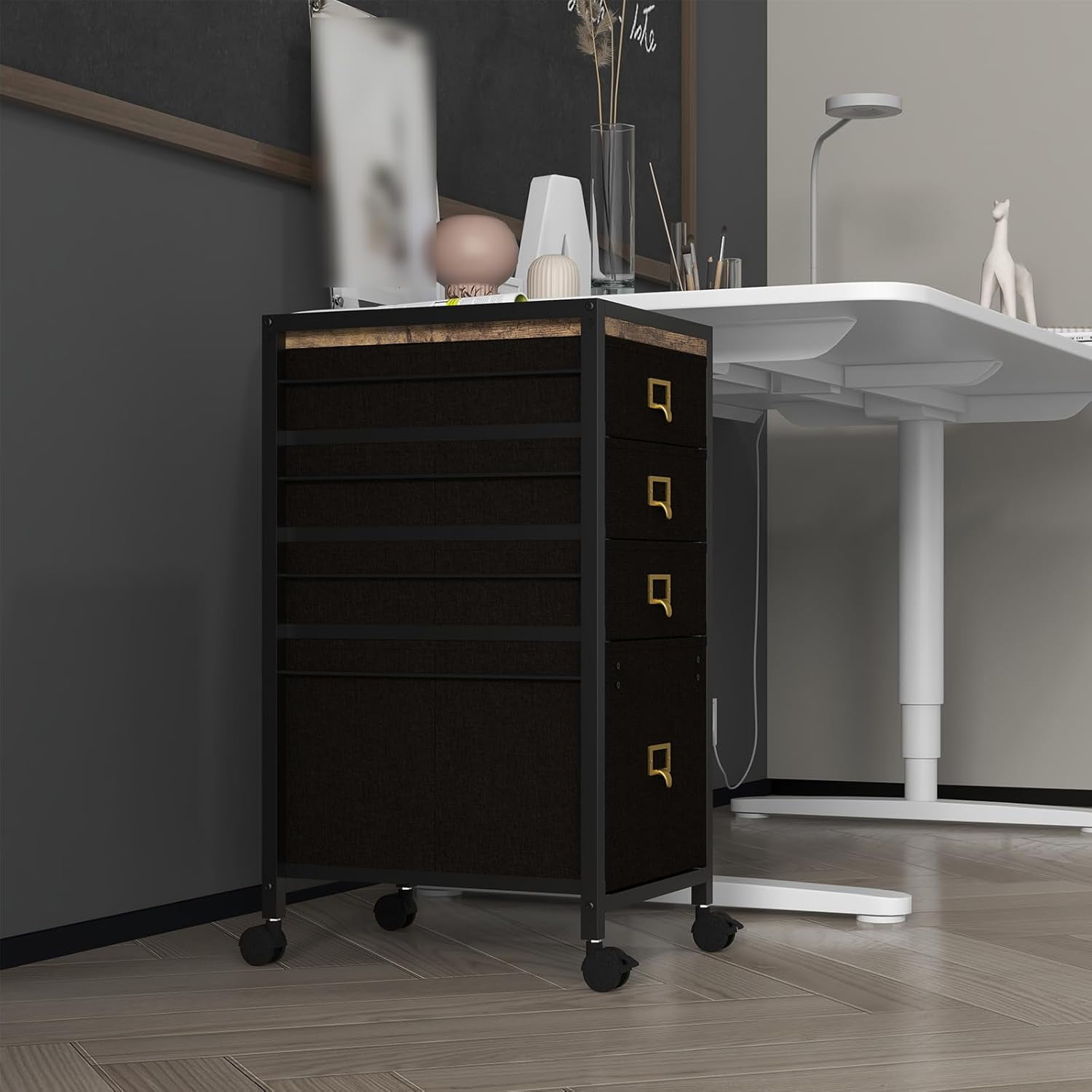 Mobile 4-Drawer File Cabinet on Wheels, Rolling Under Desk Storage Solution with Open Shelf and Printer Stand for Home Office, Fits A4 and Letter Size (11.8" D x 14.9" W x 26.2" H)