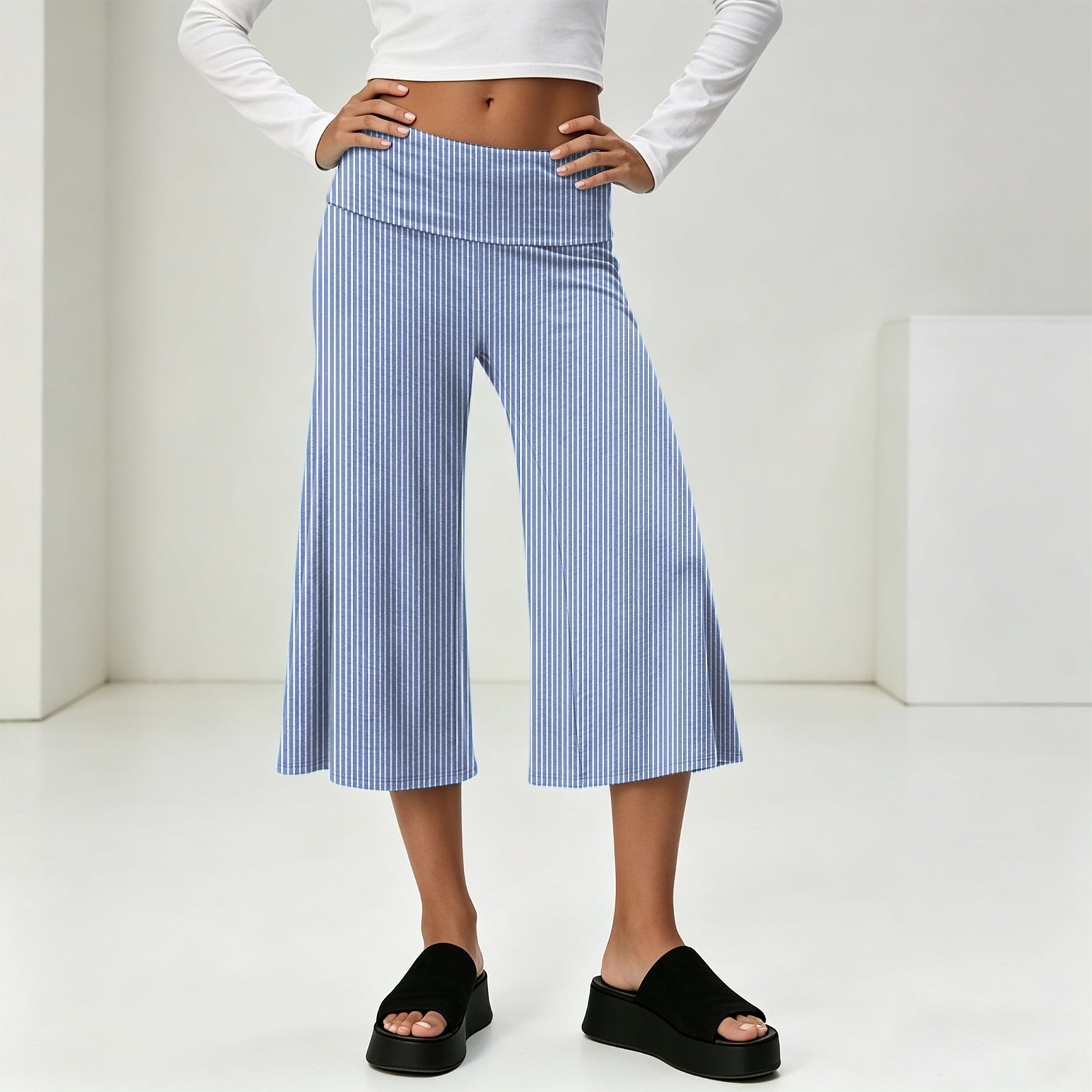 Women's Fold Over Capri Pants Y2K Low Rise Wide Leg Flowy Gaucho