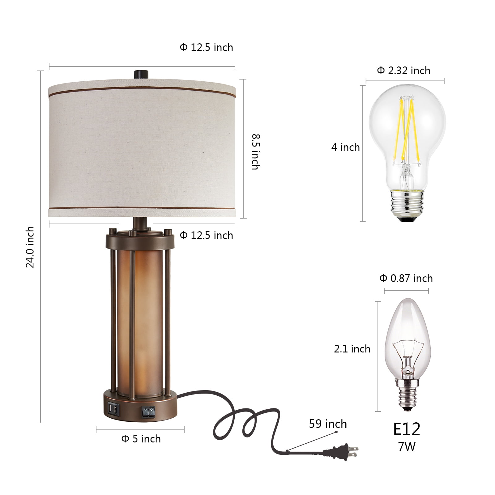 RORIA 24”Living Room Table Lamps Set of 2, Modern Farmhouse Style, Features Dual USB C&A Charging Ports and Night Light, Suitable for Bedrooms and Bedside Tables