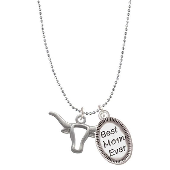 Delight Jewelry Silvertone Longhorn Head Outline Best Mom Ever Charm Necklace
