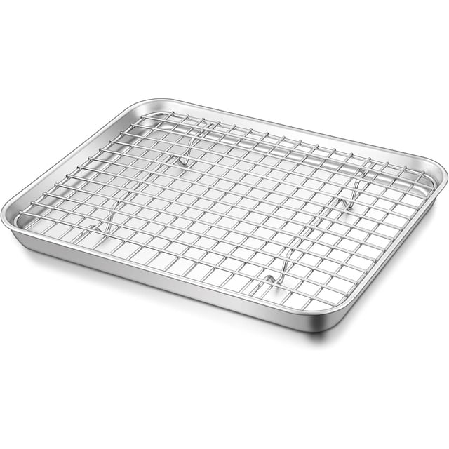Toaster Oven Pan with Cooling Rack Set .\u\u x \u\u x \u\u Stainless Steel Compact Toaster Oven Small Baking Pan Tray with Mini Grid Rack & HeavyDuty