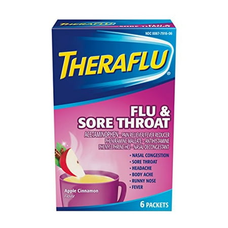 2 Pack TheraFlu Flu & Sore Throat Relief Apple Cinnamon Flavor 6 Packets (Best Sore Throat Relief Medicine)