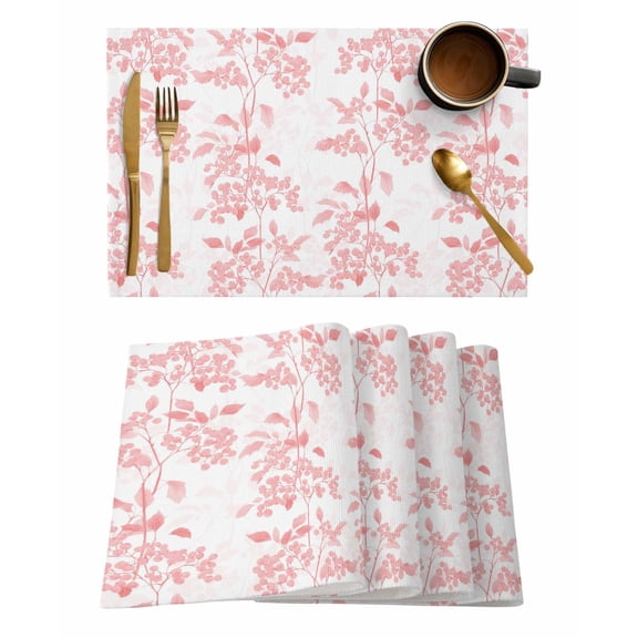 Vintage Plant Placemats Set of 8 Pink Leaves Nature Classic Farm Watercolor Heat Insulation Washable Place Mats, Rustic Non-Slip Table Mats for Dining Table Party Kitchen Decor,13x19 Inch