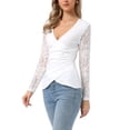 thumbnail image 4 of Allegra K Women's Floral V Neck Fitted Lace Mesh Long Sleeve Casual Sexy Tops Blouses L White, 4 of 5