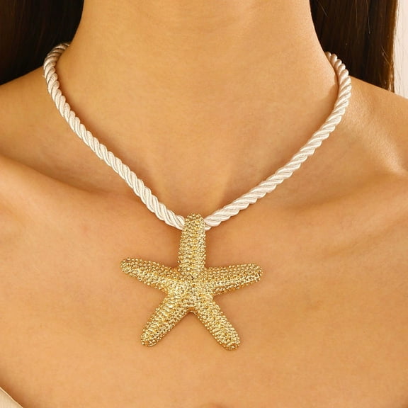 Golden starfish necklace with white rope chain, beach vacation jewelry accessory