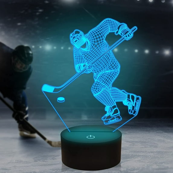YSITIAN Hockey Night Light, Ice Hockey Player 3D Illusion Lamp for Boys Room Decor with Remote + Touch 16 Colors Flashing Changing Desk Lamps for Kids Sp I1116-67