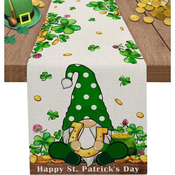 Shamrock Gnome St. Patricks Day Table Runner, Holiday Table Runners for Dining Table Decor Party, Kitchen Decor Burlap Table Runners 70 Inches Long, St Patricks Day Decorations Dresser Scarf 13x70in