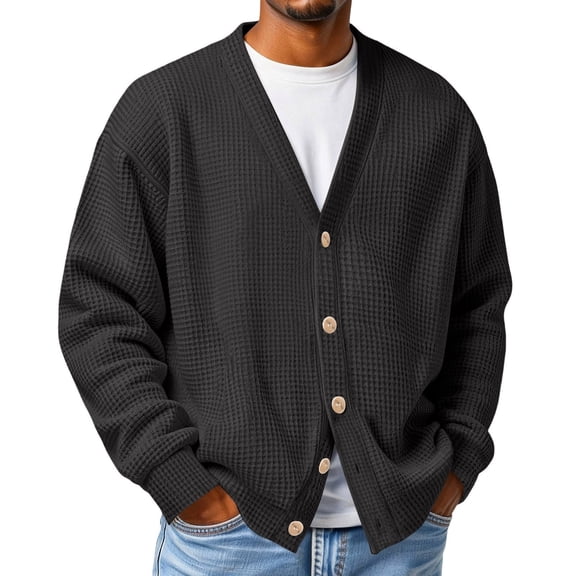 Dwellite Men Cardigan Sweater Comfy Waffle Relaxed Long Sleeve Cardigan Classic Lightweight Open Front Button Down Solid Sweater Black L