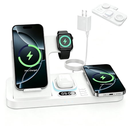 6-in-1 Magnetic Charging Station, Dual Phone Fast Charger with Clock & 7-Color Night Light, 30W Adapter for iPhone/Watch/AirPods