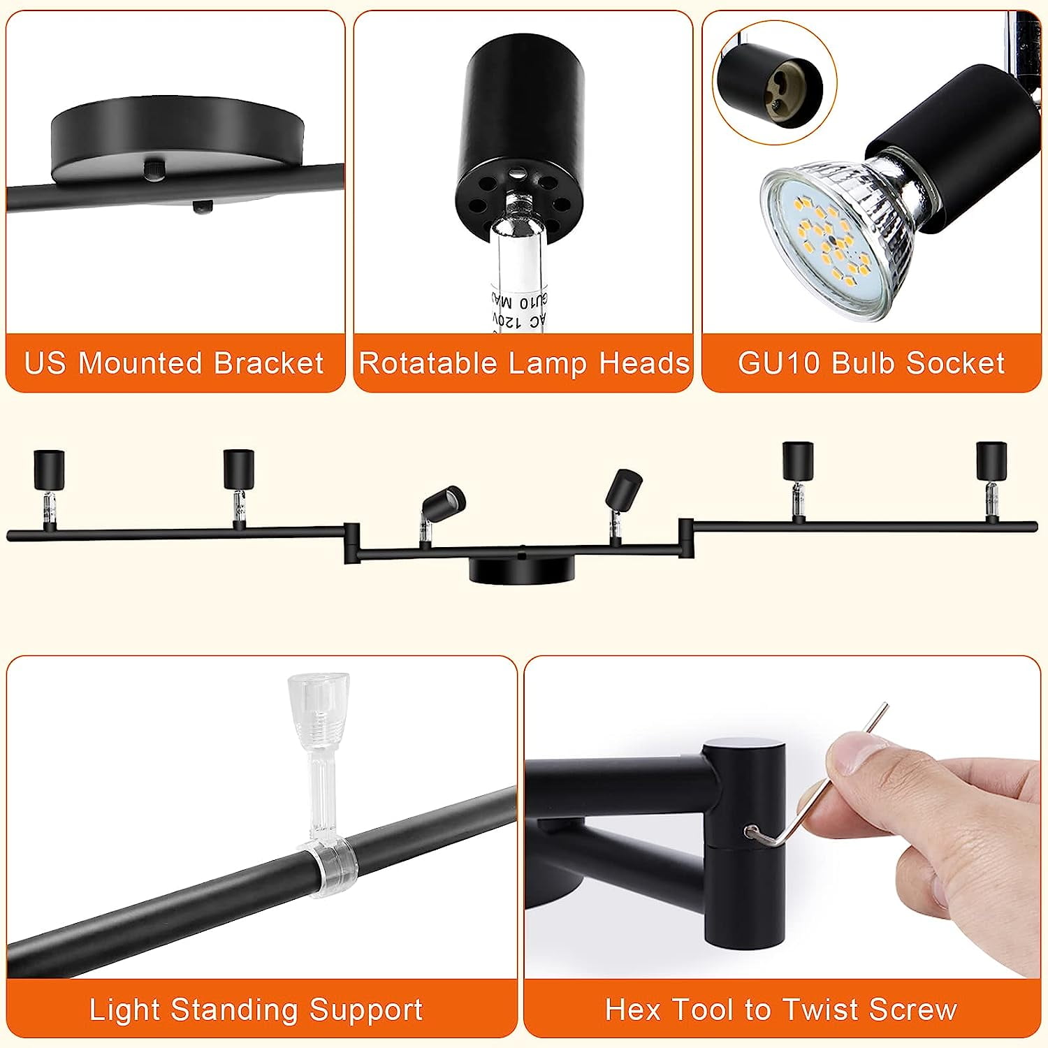 Aiboo Adjustable Dimmable Track Lighting Kit, Matt Black, 6-Light Ceiling Spot Fixtures for Kitchen & Hallway