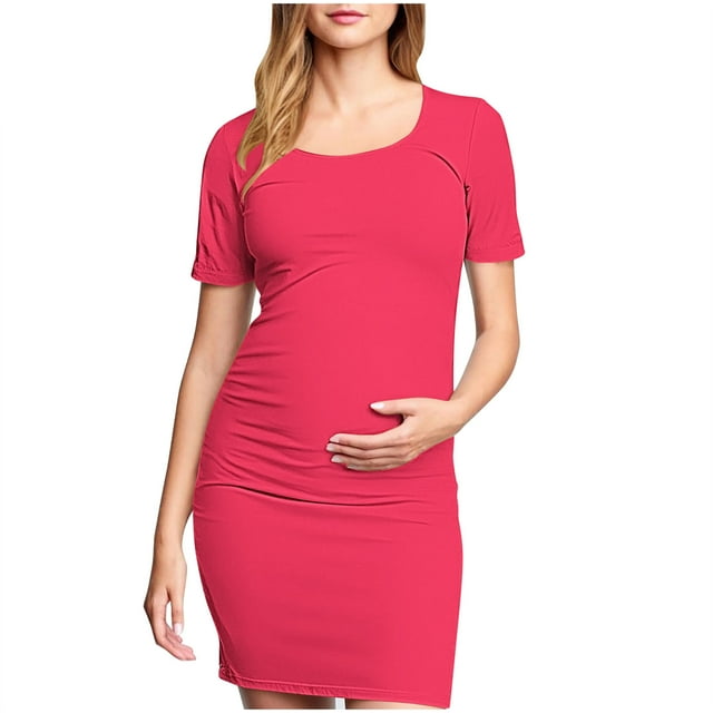 Mrzvby Robes de Maternité pour Femmes à Manches Courtes, Col Rond, Froncées, Robes de Grossesse Légères et Respirantes, Robes Midi Moulantes, Couleur Unie, Robes Plissées Décontractées