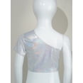 thumbnail image 3 of Sholeno Jazz Hip-hop Dance Top for Girls Boys One Shoulder Metallic Crop Top T-Shirt Stage Silver 140, 3 of 5