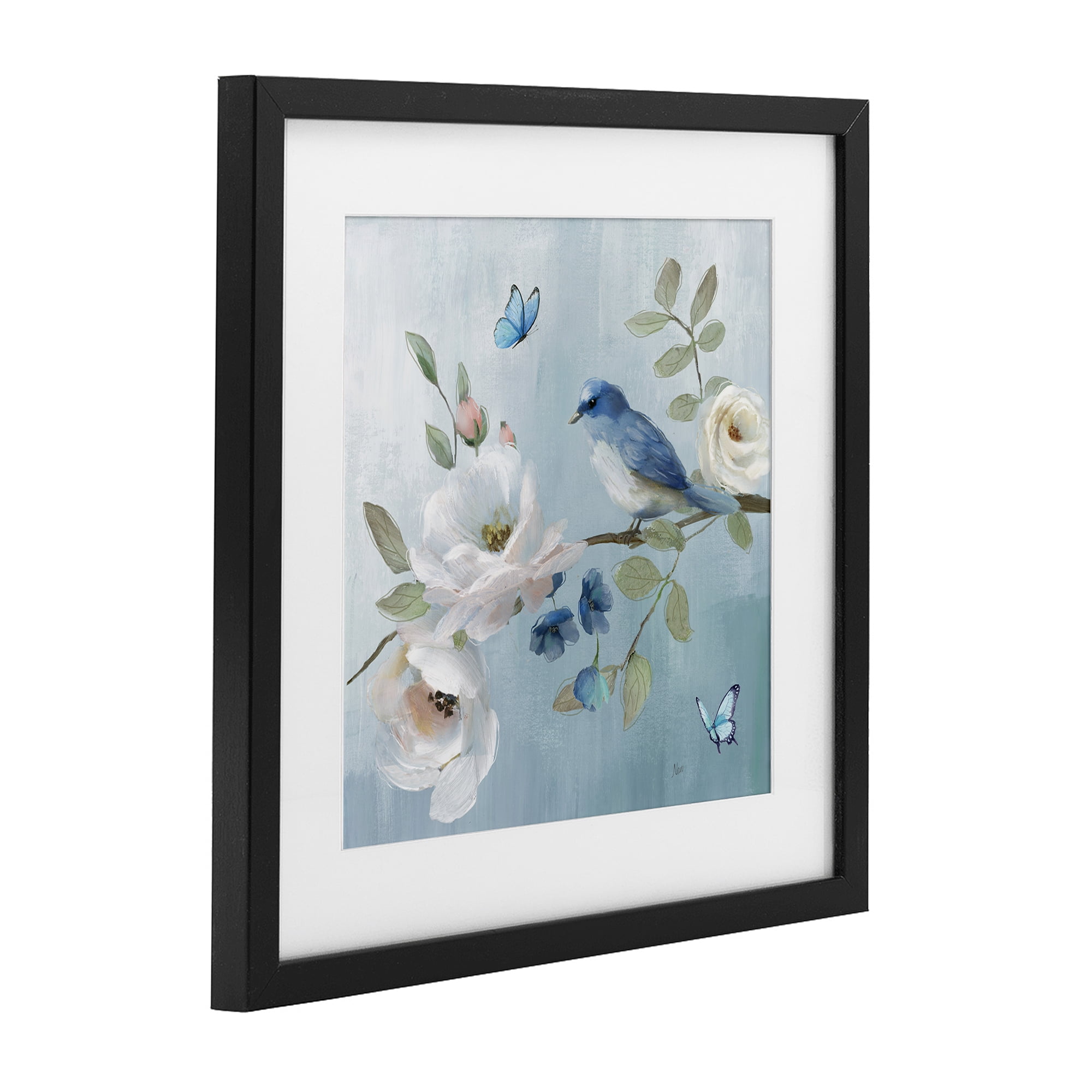 Stupell Industries Pastel Blue Bird Blooms Black Framed Print Under Glass, design by Nan