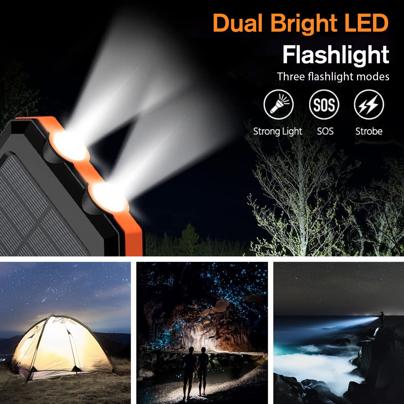 BAOKALER 30000mAh Solar Charger for Cell Phone iPhone, Portable Solar Power Bank with Dual 5V USB Ports, 2 Led Light Flashlight, Compass Battery Pack for Outdoor Camping Hiking(Orange)