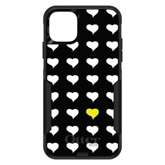 DistinctInk OtterBox Commuter Custom Case for Apple iPhone 15 (6.1" Screen) - Yellow White Black Repeating Hearts - Shockproof Protection