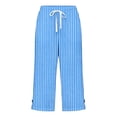 thumbnail image 6 of Women's Cotton Loose Straight Pants with Pockets, Mid Elastic Waist Drawstring, Side Slits Buttoned, Casual Business Beach Lounge Capri Pants | VerBelle,Sky Blue 2XL, 6 of 6