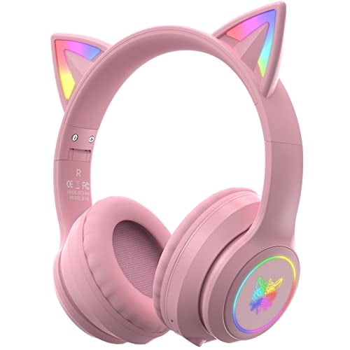 Auriculares Bluetooth con Orejas de Gato y Micrófono para Niños y Adultos, Sonido HI-FI Inalámbricos con Luces LED
