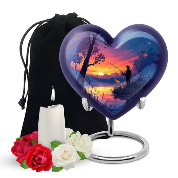 Yatskia Sunset Fishing Urns for Human Ashes Adult Man, Funeral Burial Urn for Ashes for Women, Decorative Urns for Adult Ash, (Heart Large, 8 Inch)